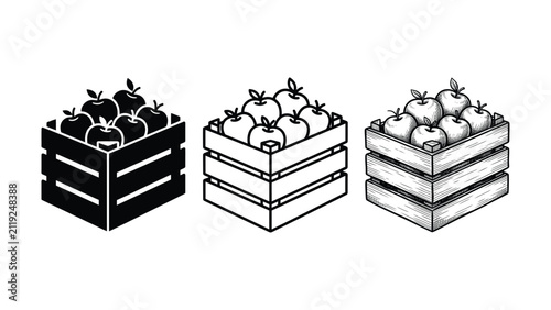 Collection of three illustrative styles showing wooden crates filled with fresh apples