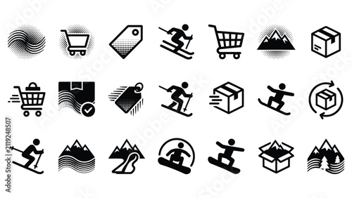 Collection of winter sports and ecommerce icons in black and white style