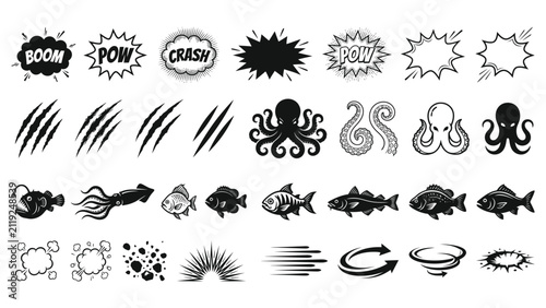 Collection of cartoon comic sound effect speech bubbles and sea creatures