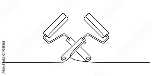 Continuous single line drawing of two crossed paint rollers for wall painting renovation and home improvement construction work project design icon Vector, illustration