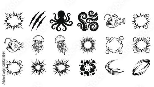 Collection of cartoonish graphic elements including sea creatures and comic book explosions
