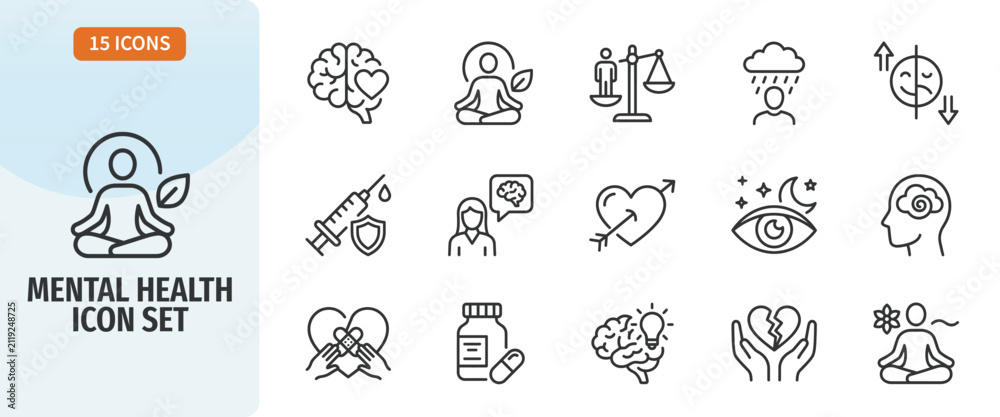 Fototapeta premium Mental health icon set, outline style, vector illustration collection of icons related to psychology, therapy, emotional balance, and mental wellbeing