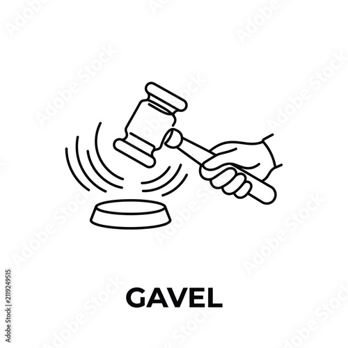 Photography A line drawing depicts a gavel striking a sounding block on a white background a