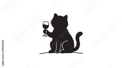 Fotografía Cat Holding a Wine Glass Sitting on the Floor Featuring Silhouette, Black, White