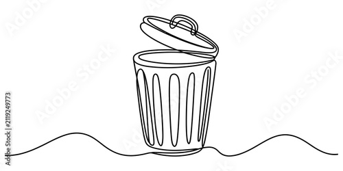 Continuous single line drawing of a trash can with an open lid for waste management and recycling concepts representing clean home and office environment Vector, illustration