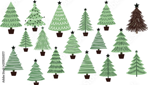 Hand-drawn Christmas tree pattern illustration with various green and dark trees on a white background