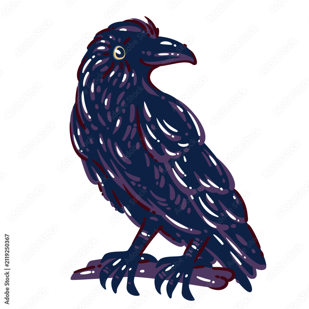 Obraz premium Raven perched on a branch with layered dark feathers and a sharp beak. Witchcraft, gothic and Halloween graphics featuring a raven, cartoon vector illustration.