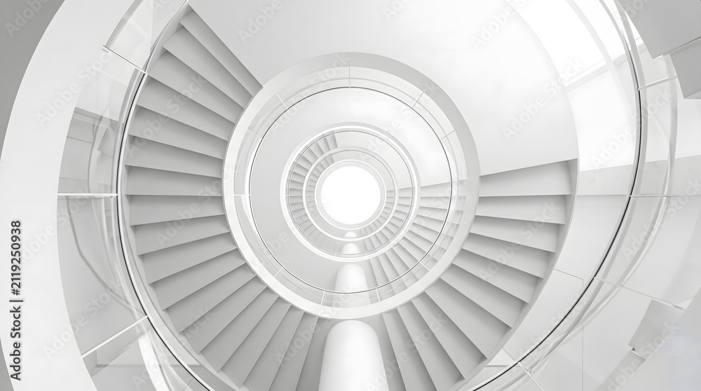 Fototapeta premium Modern minimalist white spiral staircase architectural shot from below, emphasizing clean lines and abstract concentric design for commercial use.