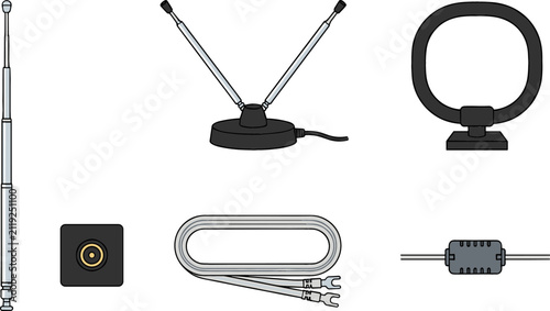 Television Network Hardware and Communication Device Vector Icon Set Featuring Telescopic Rabbit Ear Antennas Loop Receivers Cable Connectors and Ferrite Bead Filters