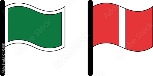 Waving green flag and red warning flag vector icon set on white background