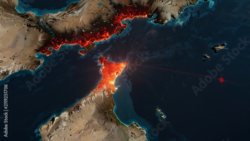 Satellite map view of vibrant red canyon terrain and mountain ridge near deep blue ocean water for geography cartography and earth science project