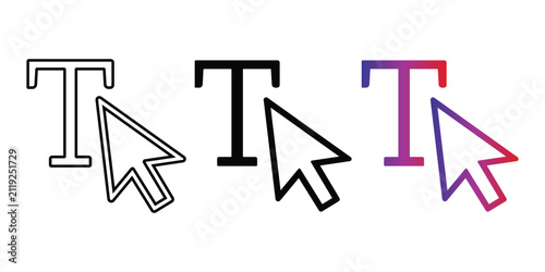 Cuadro en lienzo Text selection cursor icons with letter T and arrow in outline solid black and p