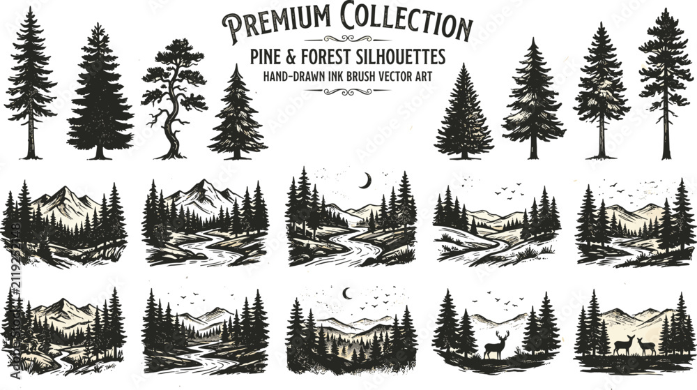 Obraz premium Vintage Hand Drawn Pine and Forest Silhouette Vector Art Collection Featuring Isolated Evergreen Trees and Detailed Mountain Wilderness Landscape Vignettes