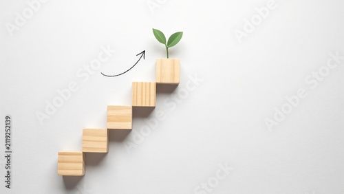 Wooden block staircase with a small green plant sprout growing on the top step and a curved arrow pointing upward, business growth and progress concept photo on white background with blank copy space
