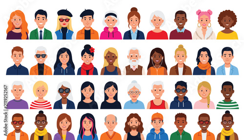 Large set of diverse avatar portraits featuring various ethnicities, ages, genders, hairstyles, and clothing styles on a white background