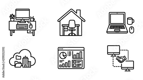 Remote Work and Business Technology Line Icon Set