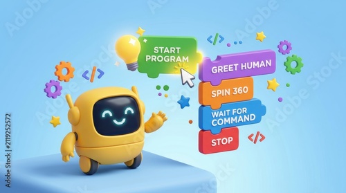 Cute yellow robot interacting with a colorful block based programming interface on a blue background