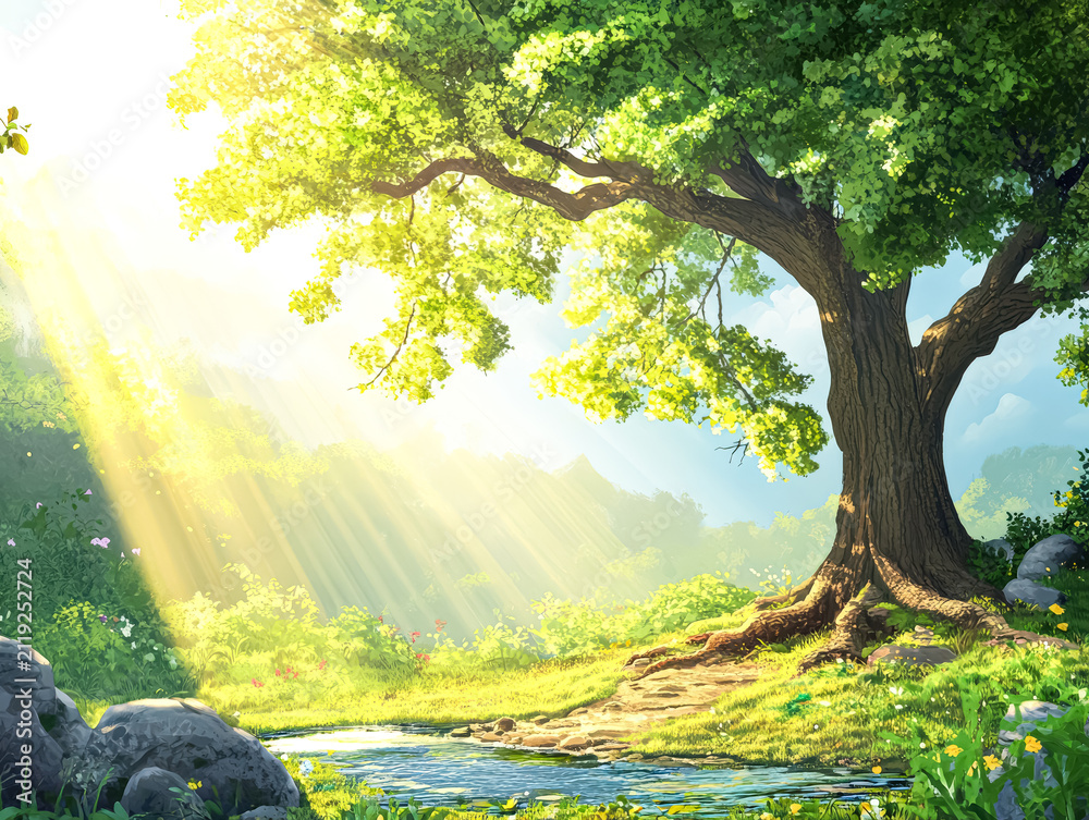 Fototapeta premium Sunlit Forest Scene with Tree and Sun Rays