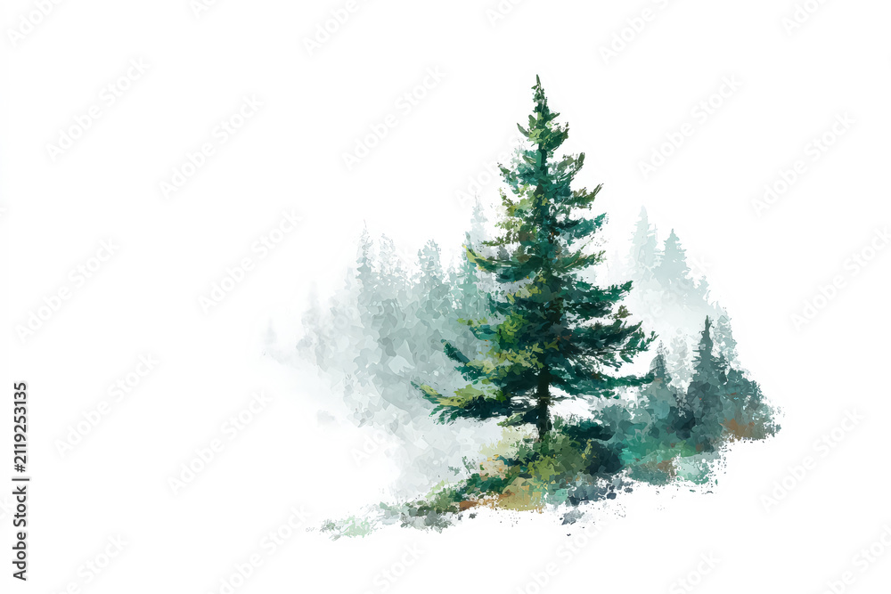 Fototapeta premium Evergreen Tree in Misty Forest Watercolor Illustration