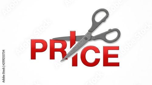 Sharp metal scissors cutting through bold red price text to symbolize massive retail discount sales campaigns