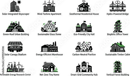 фотографія Sustainable architecture and green city infrastructure glyph icon set featuring