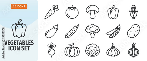 Vegetables icon set, outline style, food collection, vector illustration, healthy nutrition, fresh farm products