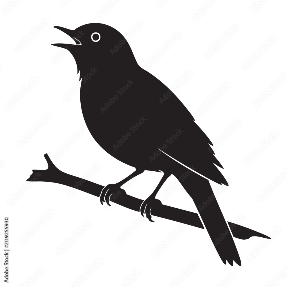 Obraz premium Singing Bird on Branch Silhouette Black Vector Illustration