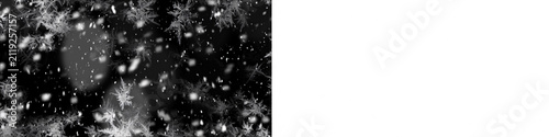 Abstract pattern of snowflakes and ice crystals falling on dark background, transparent png overlay for winter holiday designs and festive decorations.