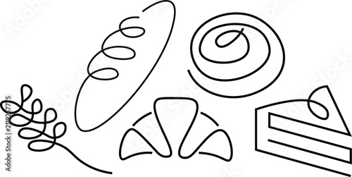 Minimalist Single Line Art Collection Featuring Fresh Bakery Bread Pastry Slice of Cake and Wheat Stalk Concept for Culinary Branding