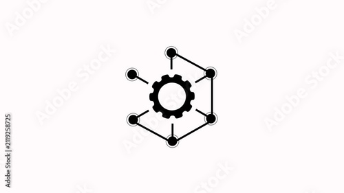 Animated gear network icon with hexagonal nodes on white background. Framework icon curriculum development with hexagonal node connection technology graphic element