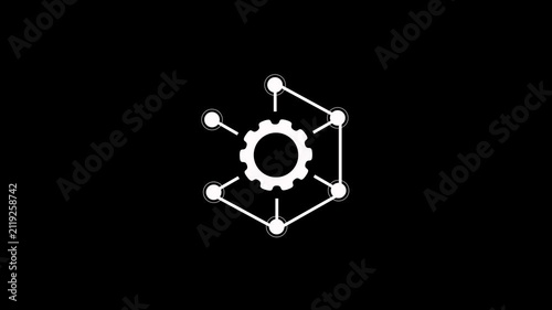 Animated gear network icon with hexagonal nodes on black background. Framework icon curriculum development with hexagonal node connection technology graphic element