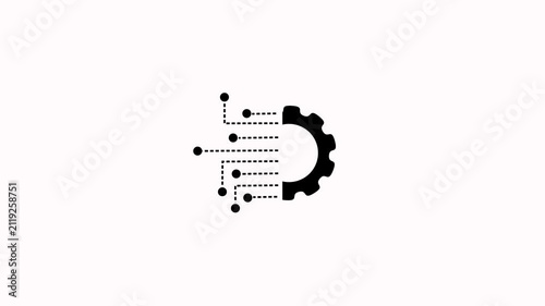 Animated data integration on white background. Gear and circuit board icon. Gear icon with digital connections and nodes technology network animation