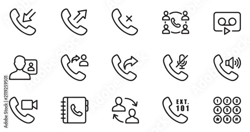 Bild auf Leinwand Minimalist Phone Call and Telecommunication Vector Line Icon Set Featuring Incom