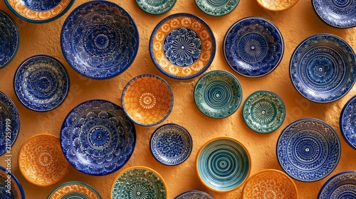 Hand-painted ceramic plates arranged on a warm ochre wall
