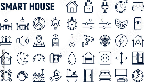 Smart house line icon set with various automation, home appliances, security, and IoT symbols on a white background