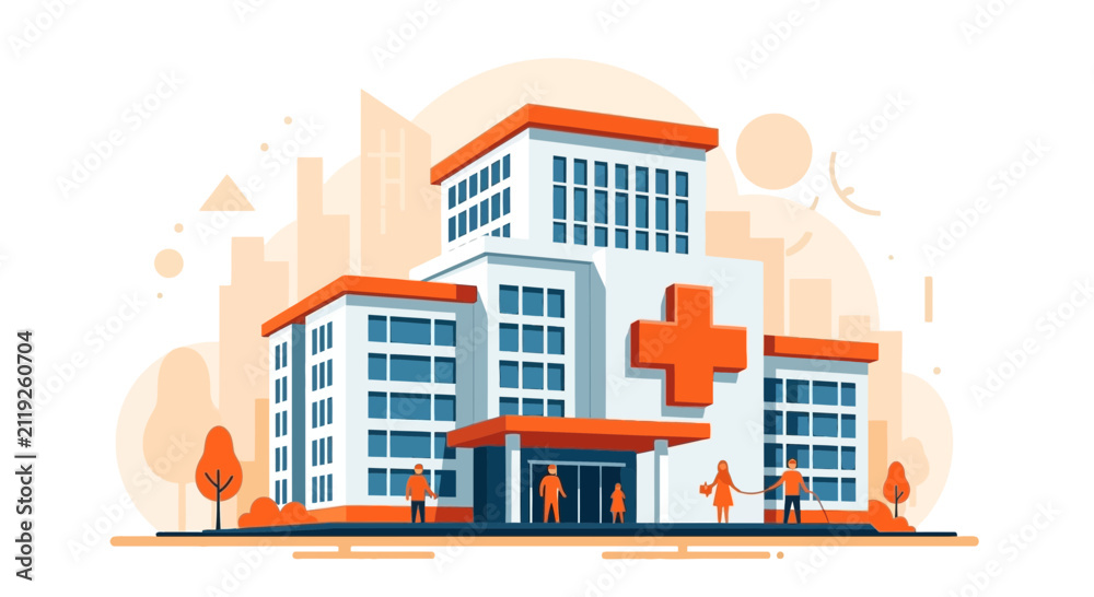 Obraz premium Modern Hospital Illustration: Healthcare Facility in Detailed Vector Art for Digital and Print Use