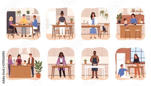 Set of kitchen interior scenes featuring diverse people cooking, eating, preparing meals, and spending time together at home