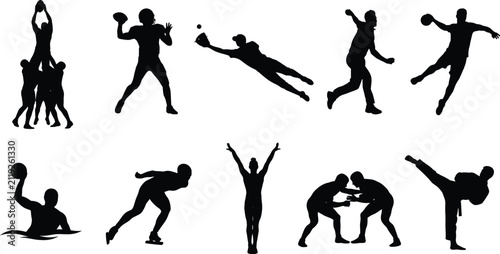 Konstfotografi Set of diverse sports silhouettes showcasing football, baseball, martial arts, s