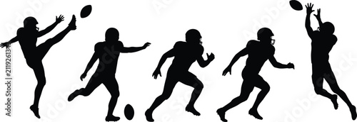 Bild auf Leinwand Set of dynamic American football player silhouettes showcasing passing, catching