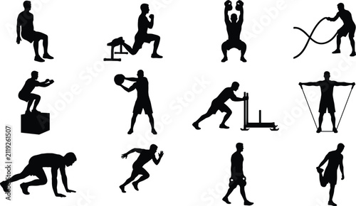 Canvastavla Set of dynamic fitness workout silhouettes showcasing men performing strength tr