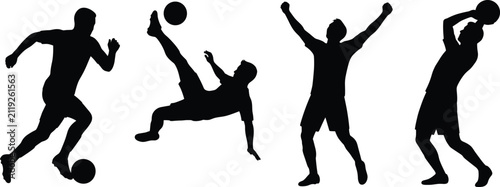 Quadro su tela Set of dynamic soccer player silhouettes showcasing running, bicycle kicking, go