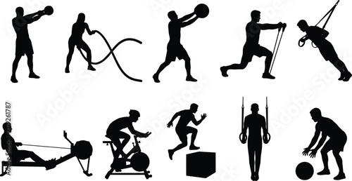 Quadro su tela Set of fitness workout silhouettes showcasing men and women performing strength