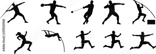 Set of track and field athlete silhouettes showcasing various athletic throwing and jumping events in sports