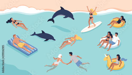 Summer beach scene with people swimming, surfing, floating on inflatables, and dolphins jumping in the sea