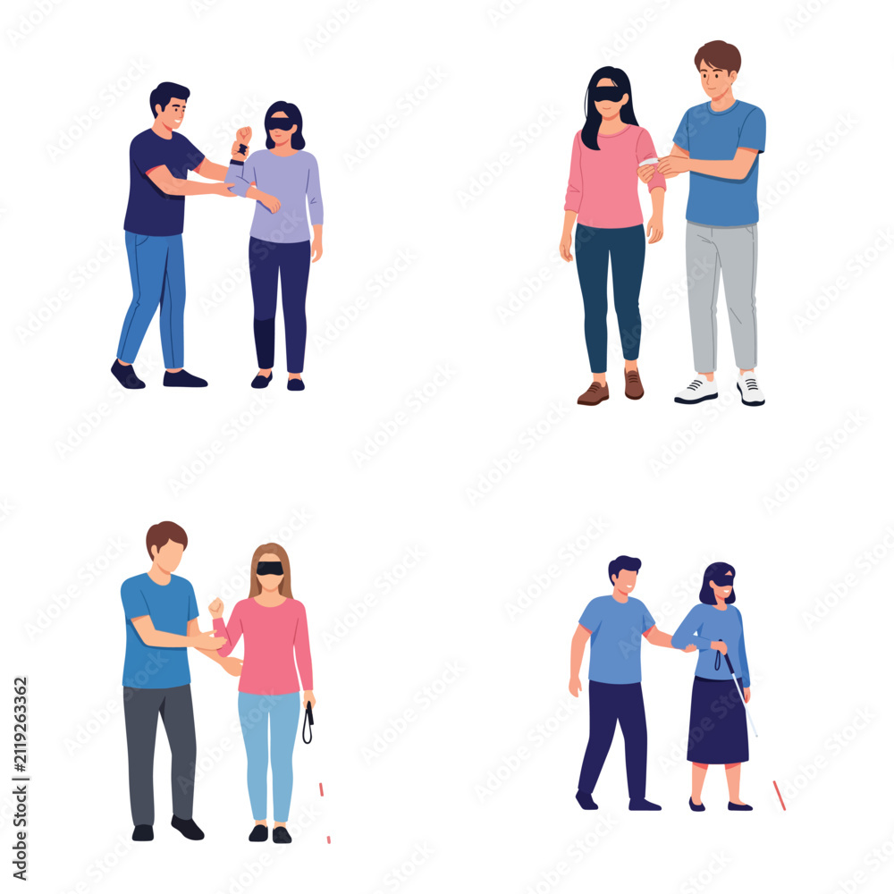 Obraz premium Flat vector set of a man guiding a blind woman, representing accessibility and social support.