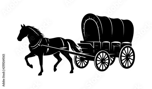 Cuadro en lienzo Traditional pioneer wagon with horse silhouette vector isolated illustration