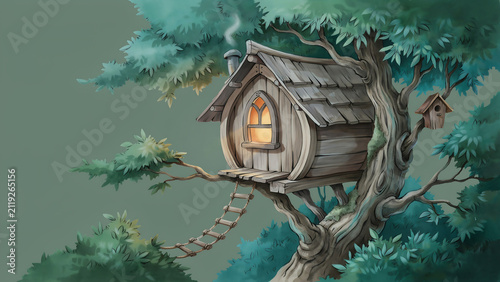 Whimsical Treehouse With Warm Light Illuminating Cozy Window At Night