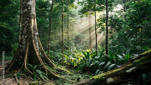 Sunlight filtering through lush tropical forest with towering trees and vibrant greenery