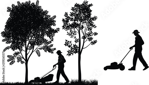 Lawn mower man silhouette vector background set cutting grass under tree for landscaping garden care maintenance service logo element design template