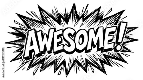 Foto Black and white comic book style explosion with the word AWESOME! in bold capital letters, conveying excitement and impact